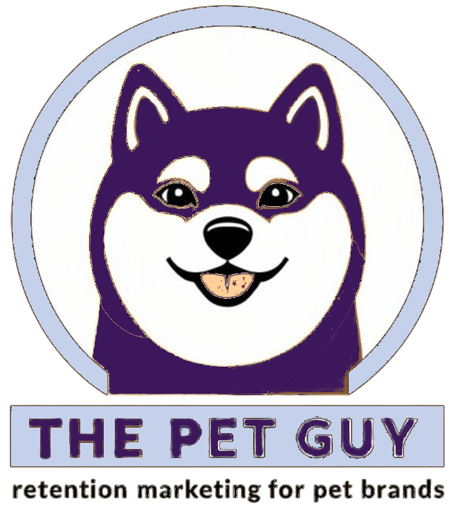Logo for ThePetGuy.co website, featuring a smiling purple Shiba Inu dog face inside a circle, with the tagline “retention marketing for pet brands” below